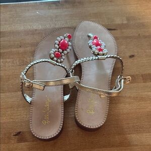 Lilly Pulitzer Gold and Pink Sandals with Jewel Embellishments